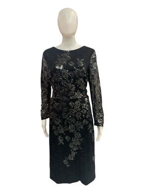 Ba Nites Black Long-Sleeve Lace Dress with Metallic Floral Detail Size L